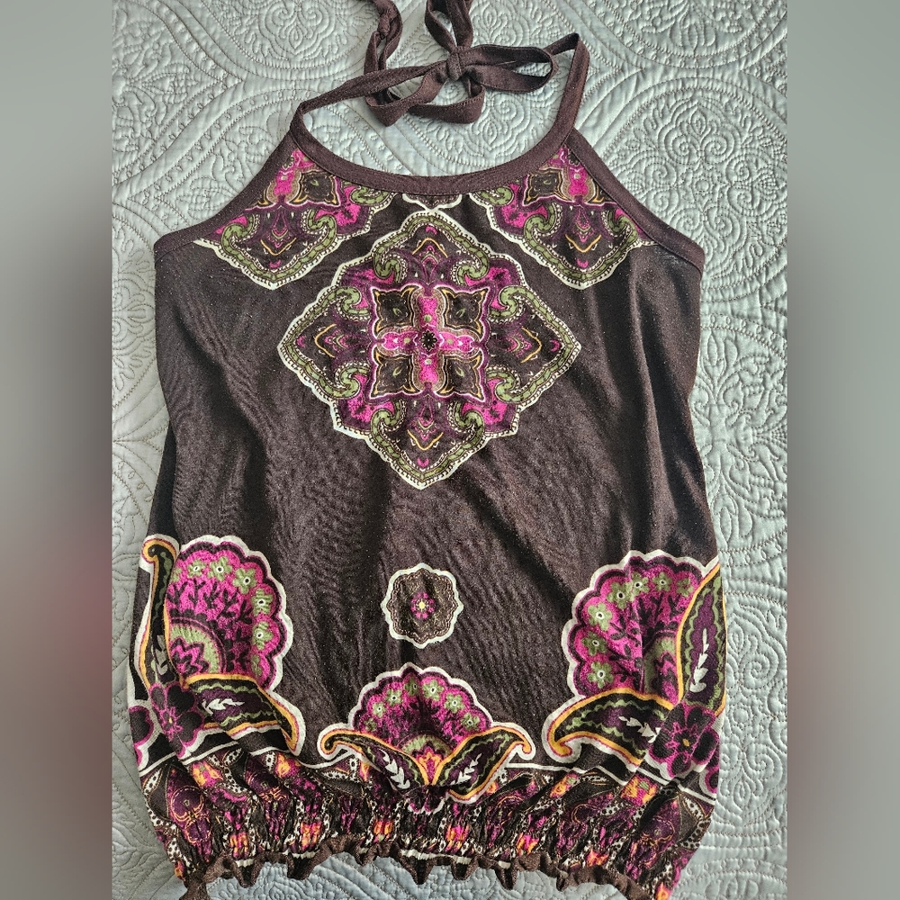 Brown embellished halter tank top. MEDIUM